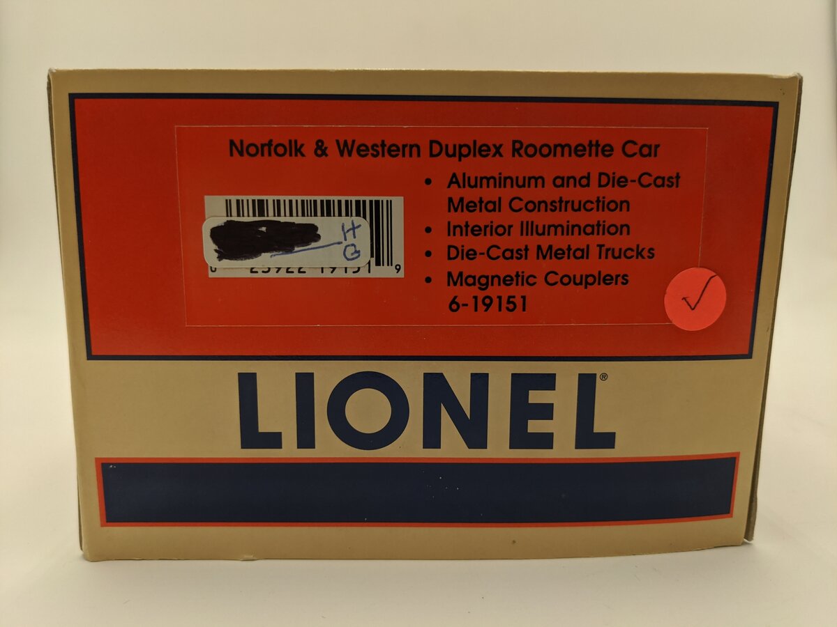 Lionel 6-19151 O Gauge Norfolk & Western "Sussex County" Duplex Roomette Car EX/Box