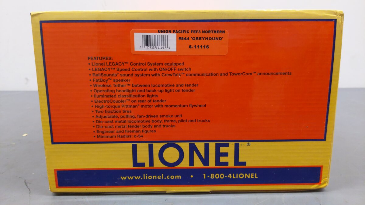 Lionel 6-11116 O UP 4-8-4 FEF3 Northern Greyhound Steam Locomotive & Tender #844 EX/Box