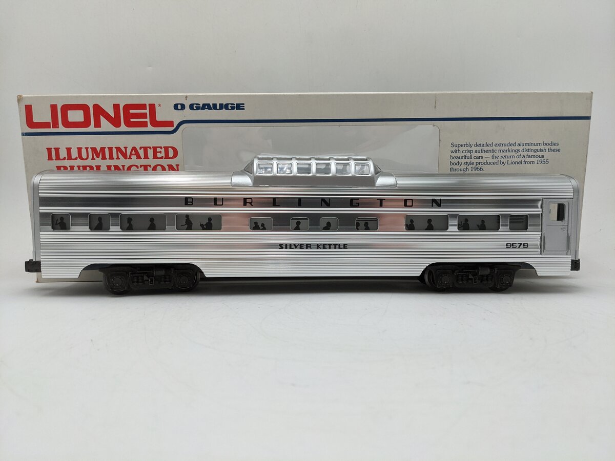 Lionel 6-9579 O Gauge Burlington "Silver Kettle" Aluminum Vista Dome Car EX/Box