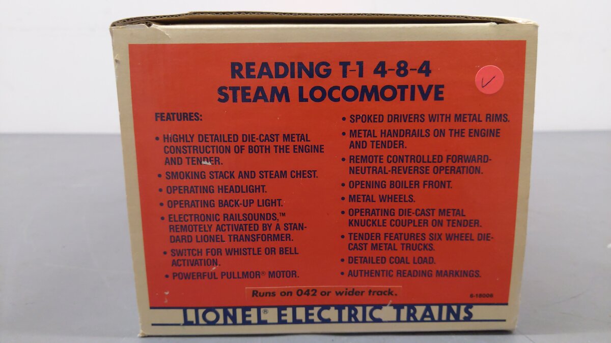 Lionel 6-18006 O Gauge Reading T-1 4-8-4 Steam Locomotive & Tender #2100 EX/Box