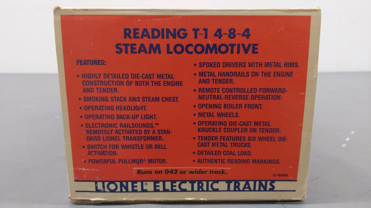 Lionel 6-18006 O Gauge Reading T-1 4-8-4 Steam Locomotive & Tender #2100 EX/Box