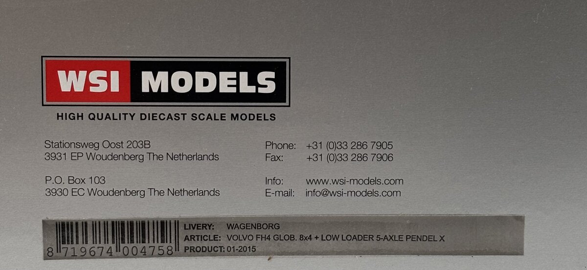 WSI 01-2015 1:50 Wagenborg - Volvo FH4 Globetrotter Tractor LN/Box