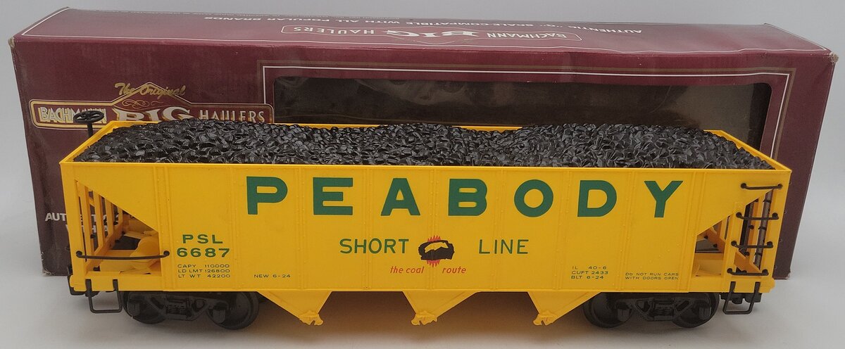 Bachmann 98229 G Scale Peabody 3-Bay Hopper w/ Coal Load #6687 EX/Box