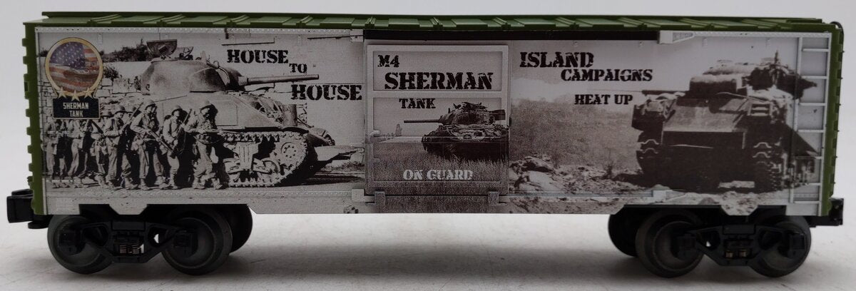 Lionel 1938220 O Gauge US Army WWII Sherman Tank Boxcar EX/Box
