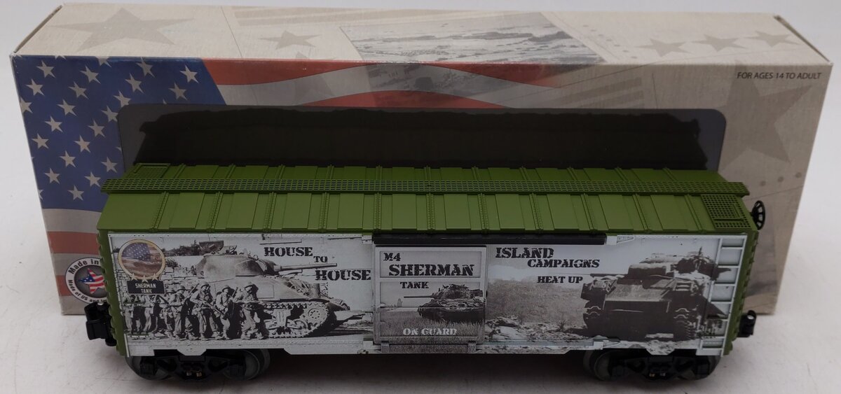 Lionel 1938220 O Gauge US Army WWII Sherman Tank Boxcar EX/Box