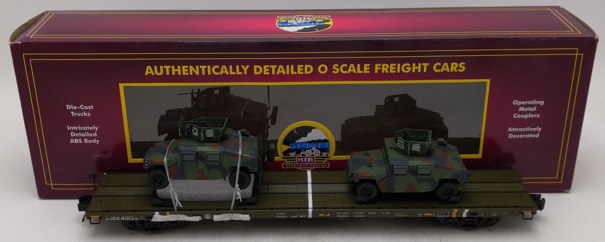 MTH 20-95461 O Gauge Department of Defense Flatcar w/ Vehicle Load VG/Box
