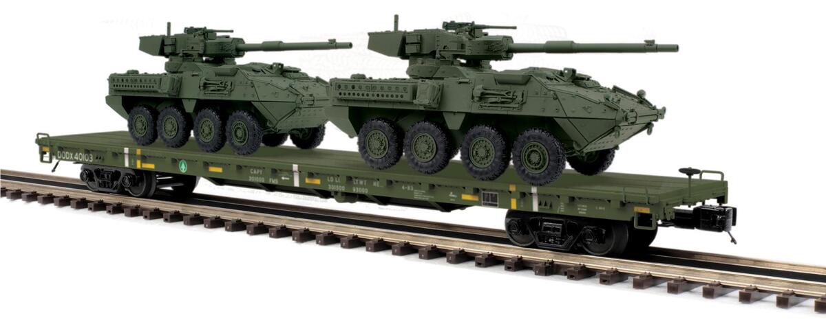 MTH 20-95462 O Gauge US Army 60' Flat Car w/ Stryker Vehicles LN/Box