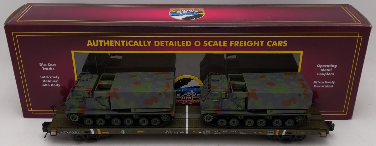 MTH 20-95468 O 60' Flatcar with 2 M270 Rocket Launcher Vehicles