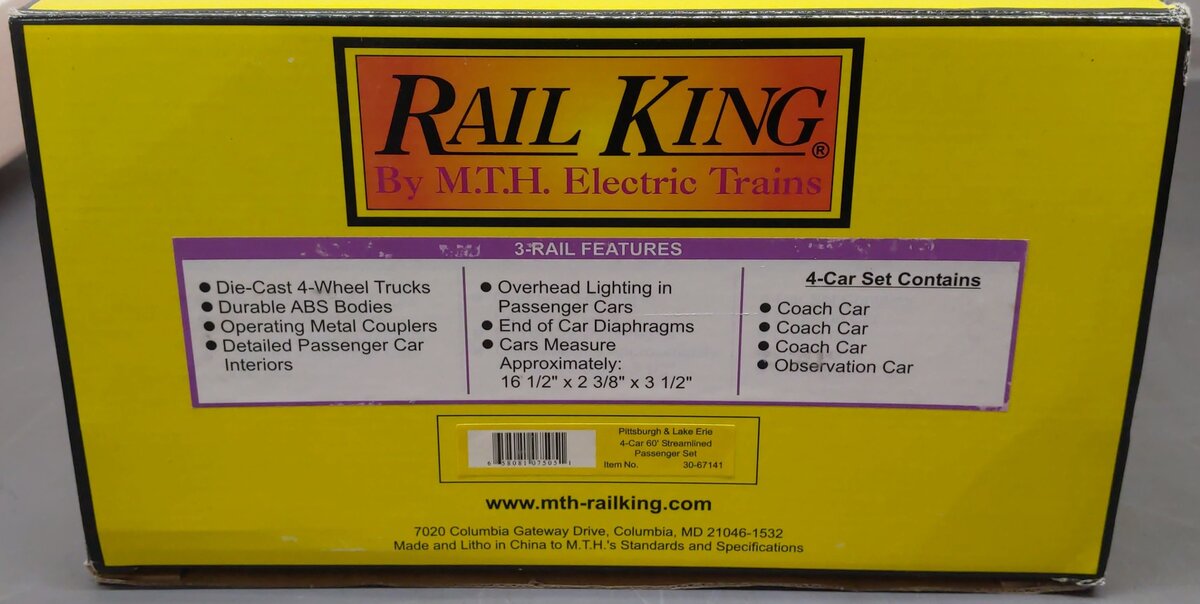 MTH 30-67141 O Pittsburgh & Lake Erie 60' Streamlined Passenger Set (Set of 4) EX/Box