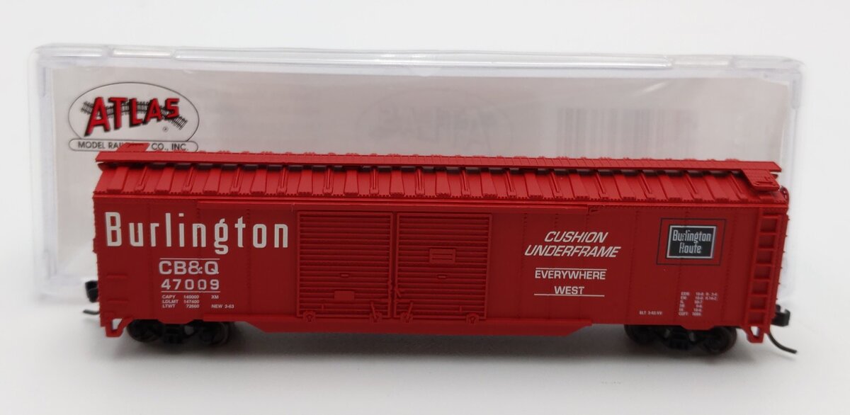 Atlas 36334 N Scale CB&Q 50' Double Door Boxcar #47009 LN/Box