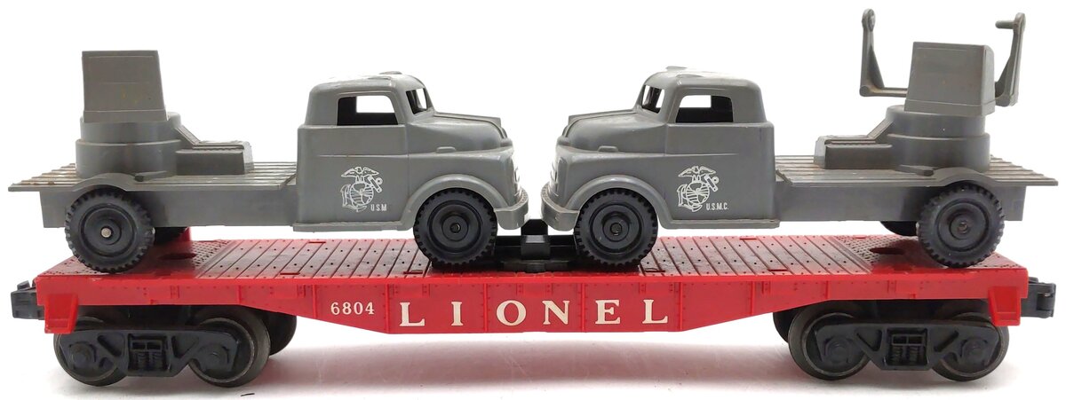 Lionel 6804 Vintage O Flatcar w/ USMC AA Gun Truck & Sound Truck VG