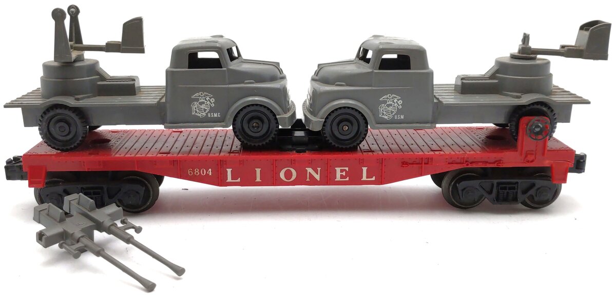 Lionel 6804 Vintage O Flatcar w/ USMC AA Gun Truck & Sound Truck VG