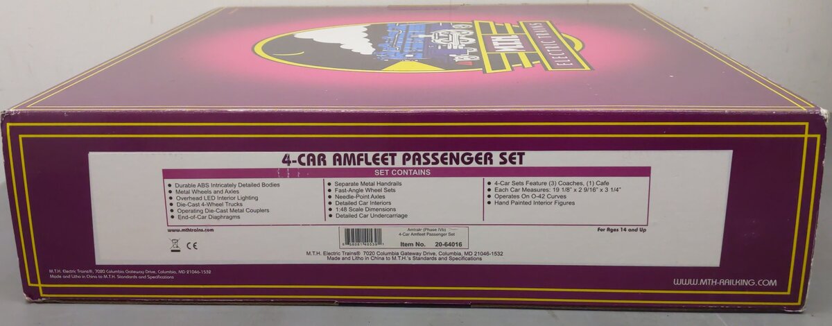 MTH 20-64016 O Scale Amtrak Amfleet 4 Car Passenger Set EX/Box