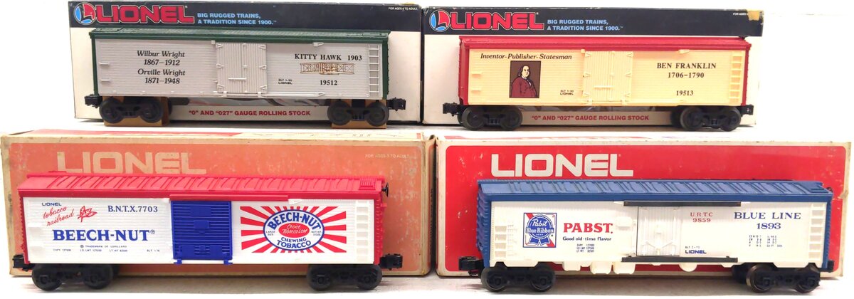 Lionel O Gauge Assorted Freight Cars: 7703, 9859, 19512, 19513 [4] LN/Box