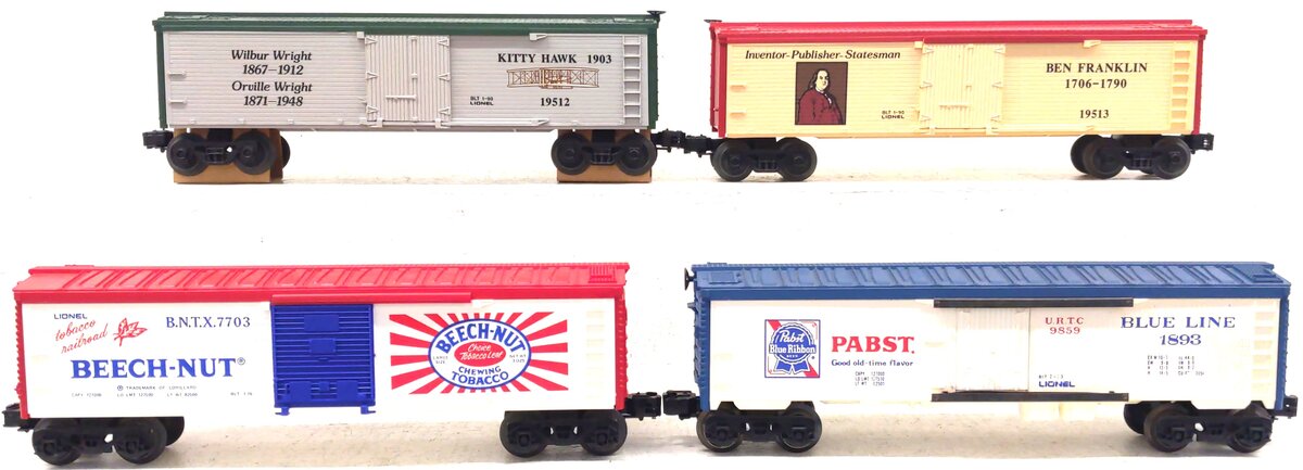 Lionel O Gauge Assorted Freight Cars: 7703, 9859, 19512, 19513 [4] LN/Box