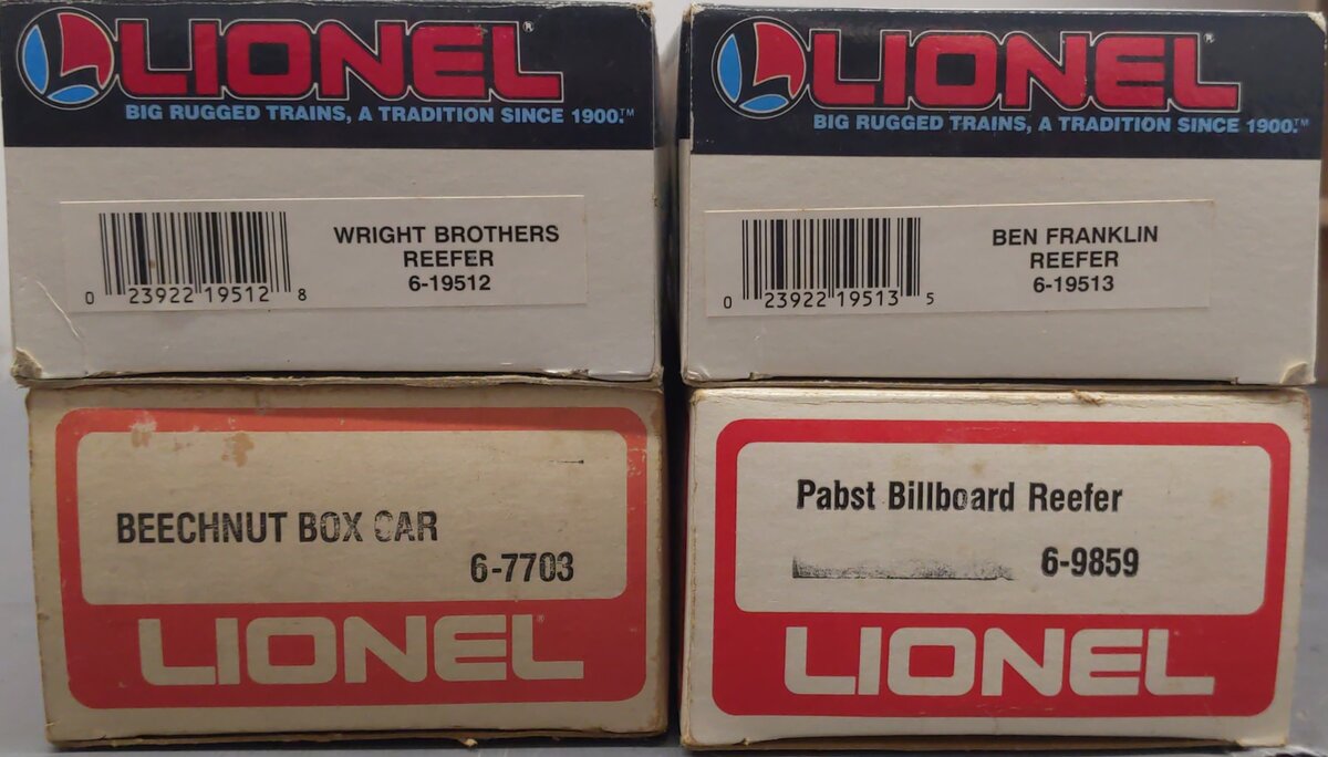 Lionel O Gauge Assorted Freight Cars: 7703, 9859, 19512, 19513 [4] LN/Box