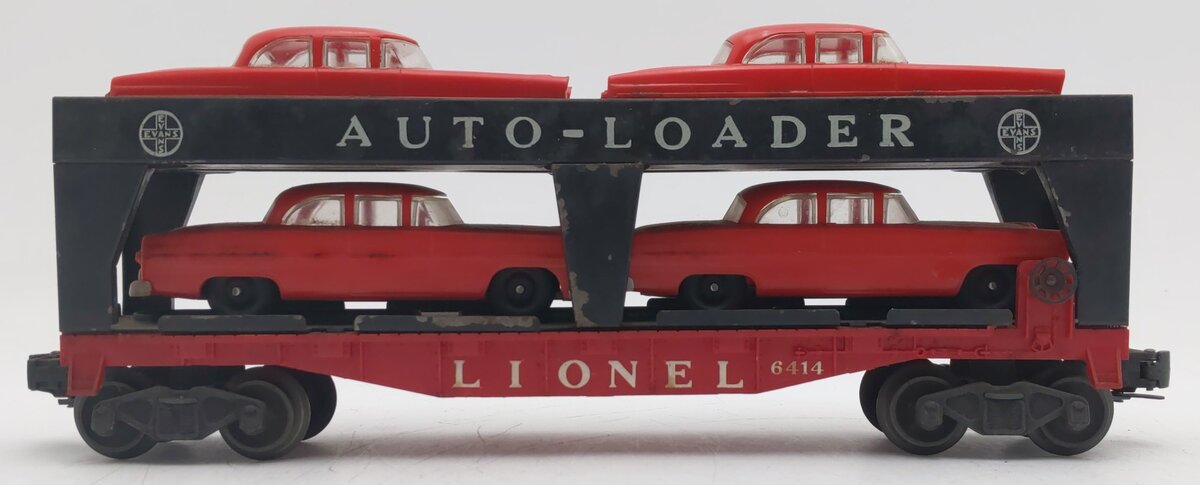 Lionel 6414 Vintage O Evans Autoloader with 4 Red Autos with Gray Bumpers VG