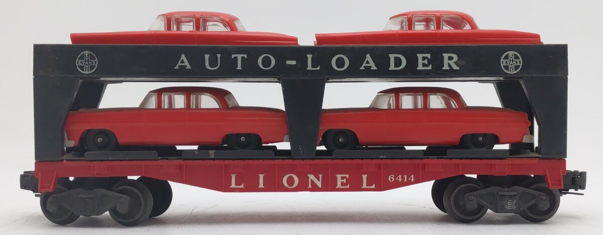 Lionel 6414 Vintage O Evans Autoloader with 4 Red Autos with Gray Bumpers VG