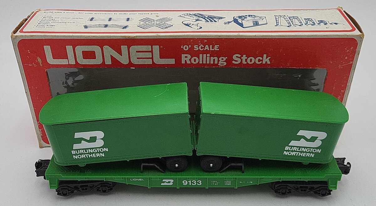Lionel 6-9133 O Gauge Burlington Northern Flatcar #9133 with Trailers EX/Box