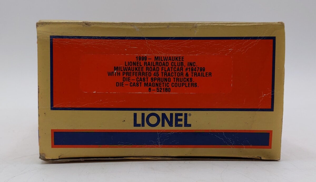 Lionel 6-52180 O Gauge Milwaukee Road Flatcar w/ Trailer #194799 VG/Box