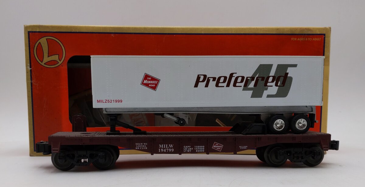 Lionel 6-52180 O Gauge Milwaukee Road Flatcar w/ Trailer #194799 VG/Box