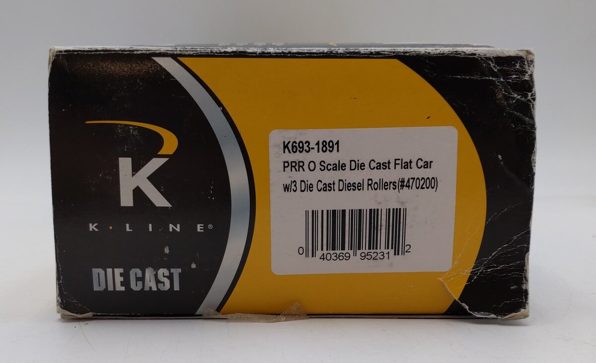 K-Line K693-1891 O Pennsylvania Die-Cast Flatcar #470200 w/3 Diesel Rollers EX/Box