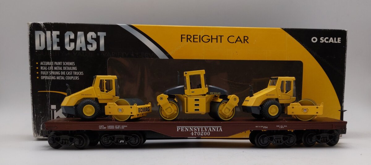 K-Line K693-1891 O Pennsylvania Die-Cast Flatcar #470200 w/3 Diesel Rollers EX/Box