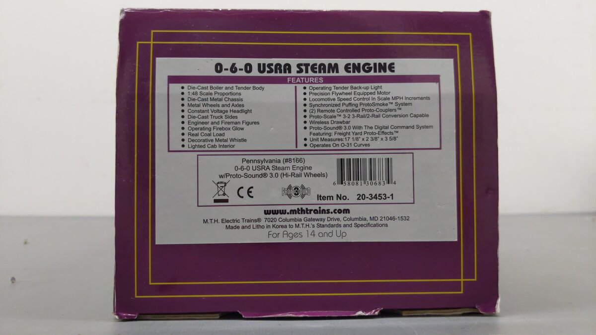 MTH 20-3453-1 Pennsylvania 0-6-0 USRA Steam Engine w/PS3 #8166 EX/Box
