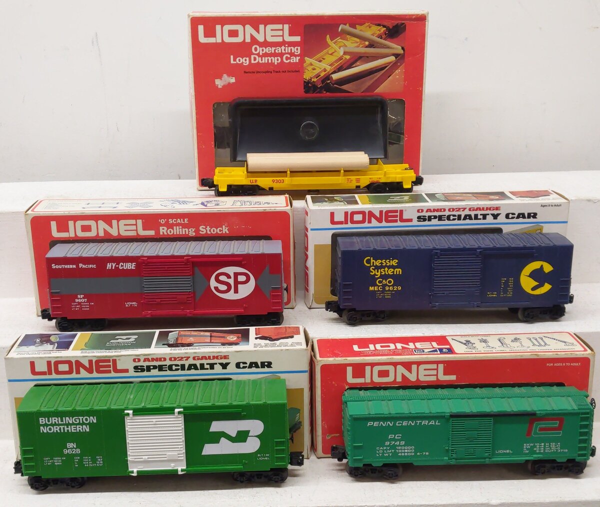 Lionel O Gauge Assorted Freight Cars 6-9628, 6-9749, 6-9629, 6-9303, 6-9607 [5] VG/Box