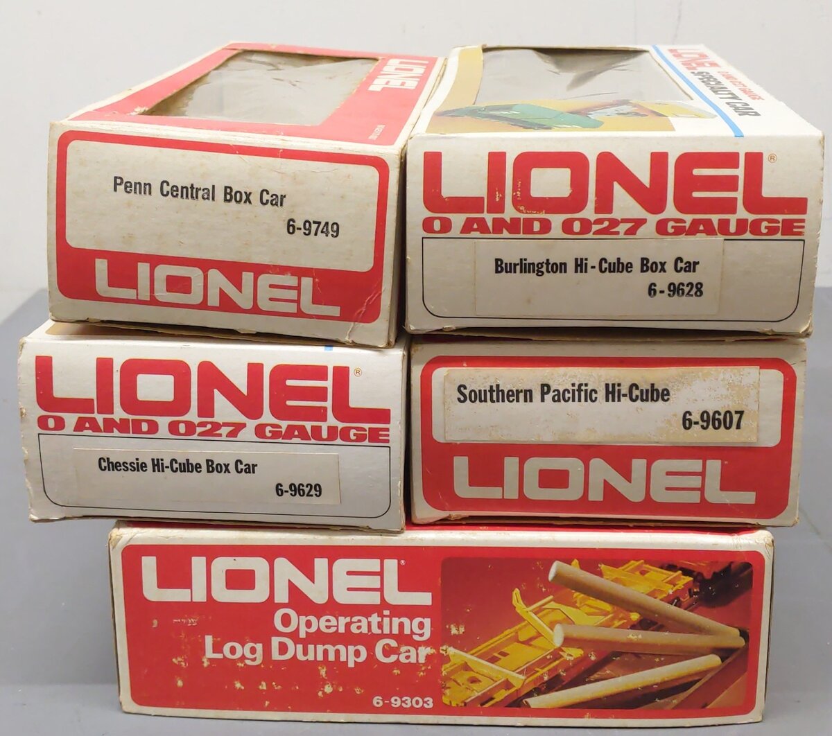 Lionel O Gauge Assorted Freight Cars 6-9628, 6-9749, 6-9629, 6-9303, 6-9607 [5] VG/Box