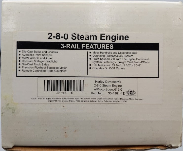 MTH 30-4181-1E O Gauge Harley-Davidson 2-8-0 Steam Engine & Tender with PS2 EX/Box