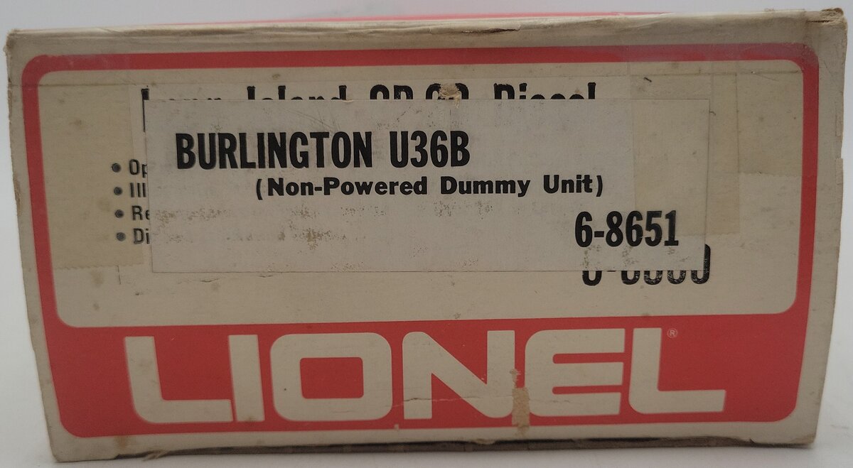 Lionel 6-8651 O Burlington Northern U36B Dummy Diesel Locomotive EX/Box