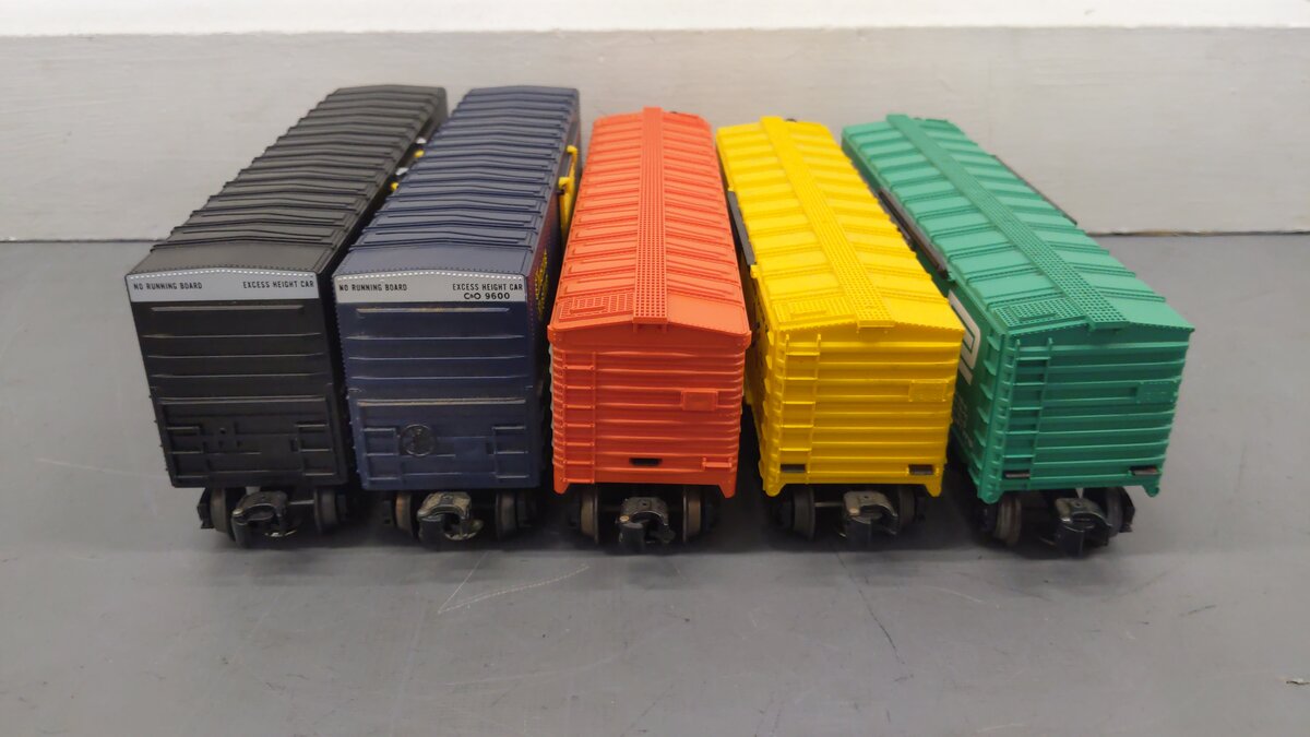 Lionel O Gauge Boxcars: 6-9211, 6-9767, 6-9860, 6-9600, 6-9604 [5] VG