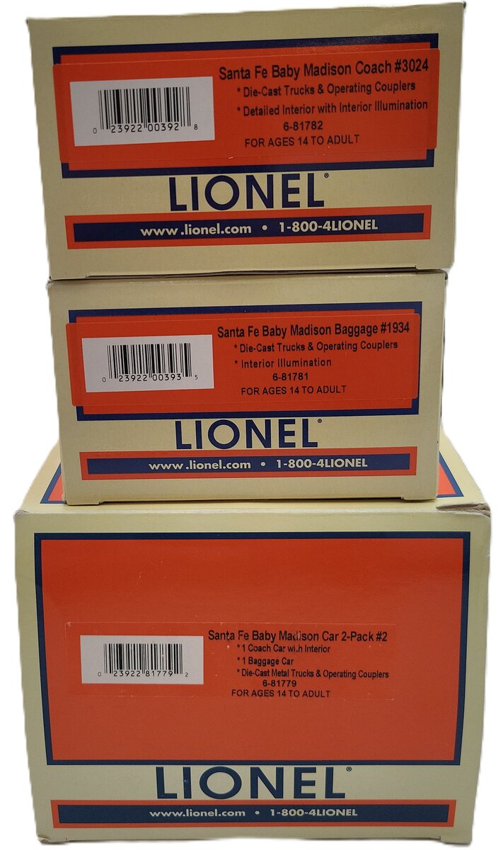 Lionel 6-81779 O Santa Fe Madison Coach & Baggage Car LN/Box