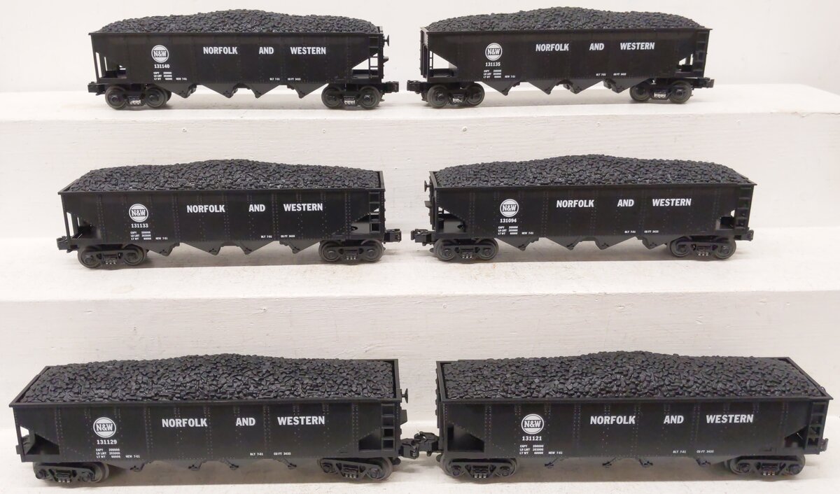 MTH 30-7536 O Gauge Norfolk & Western 4-Bay Hopper with Coal Load 6-Car Set #2 LN/Box