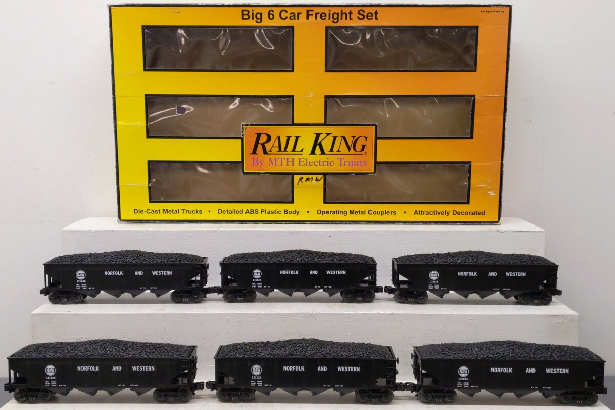 MTH 30-7536 O Gauge Norfolk & Western 4-Bay Hopper with Coal Load 6-Car Set #2 LN/Box