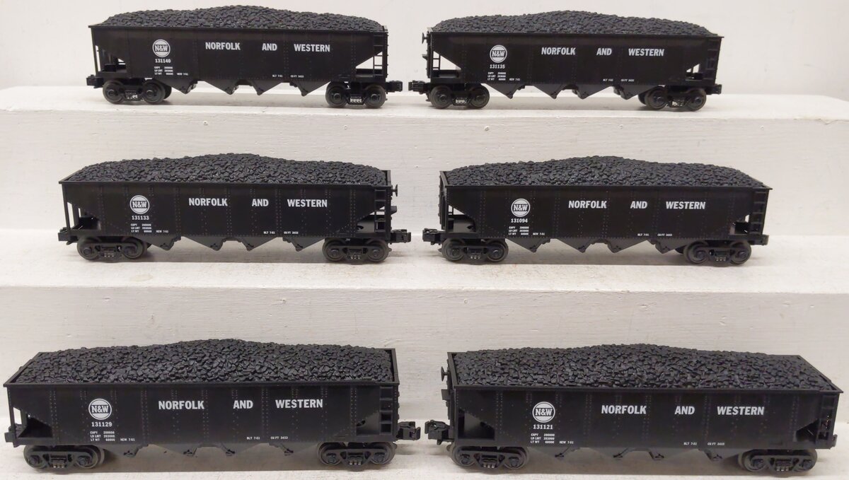 MTH 30-7536 O Gauge Norfolk & Western 4-Bay Hopper with Coal Load 6-Car Set #2 LN/Box