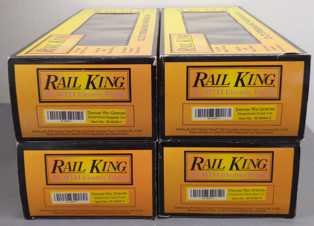 MTH 30-6094 O Denver & Rio Grande O-27 Streamlined Passenger Car Set (Set of 4) VG/Box