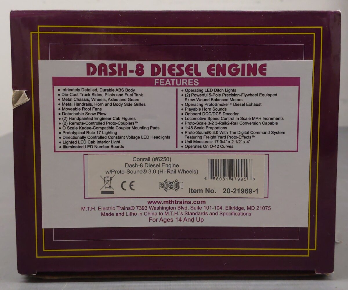 MTH 20-21969-1 O Gauge Conrail Dash 8 Diesel Locomotive #6250 w/ Proto-Sound 3.0 EX/Box