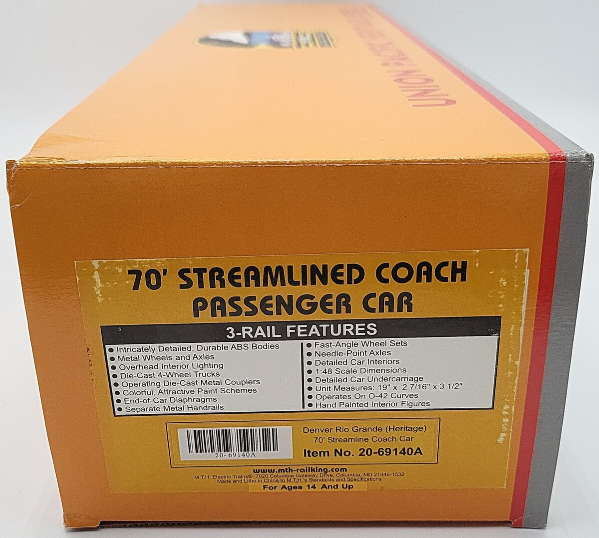 MTH 20-69140A 70' Denver Rio Grande "Colorado River Canyon" Coach Car LN/Box