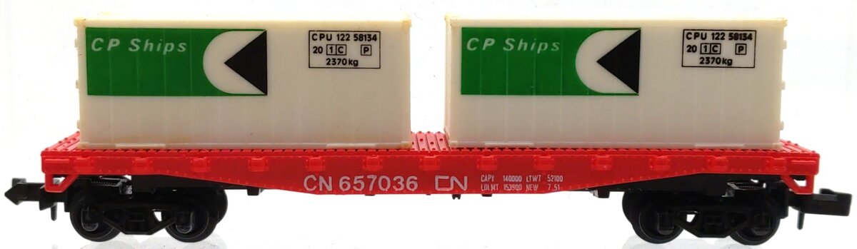 Model Power 4001 N Scale CN 50' Flat Car w/ Two 20' CP Ship Containers #657036 EX/Box
