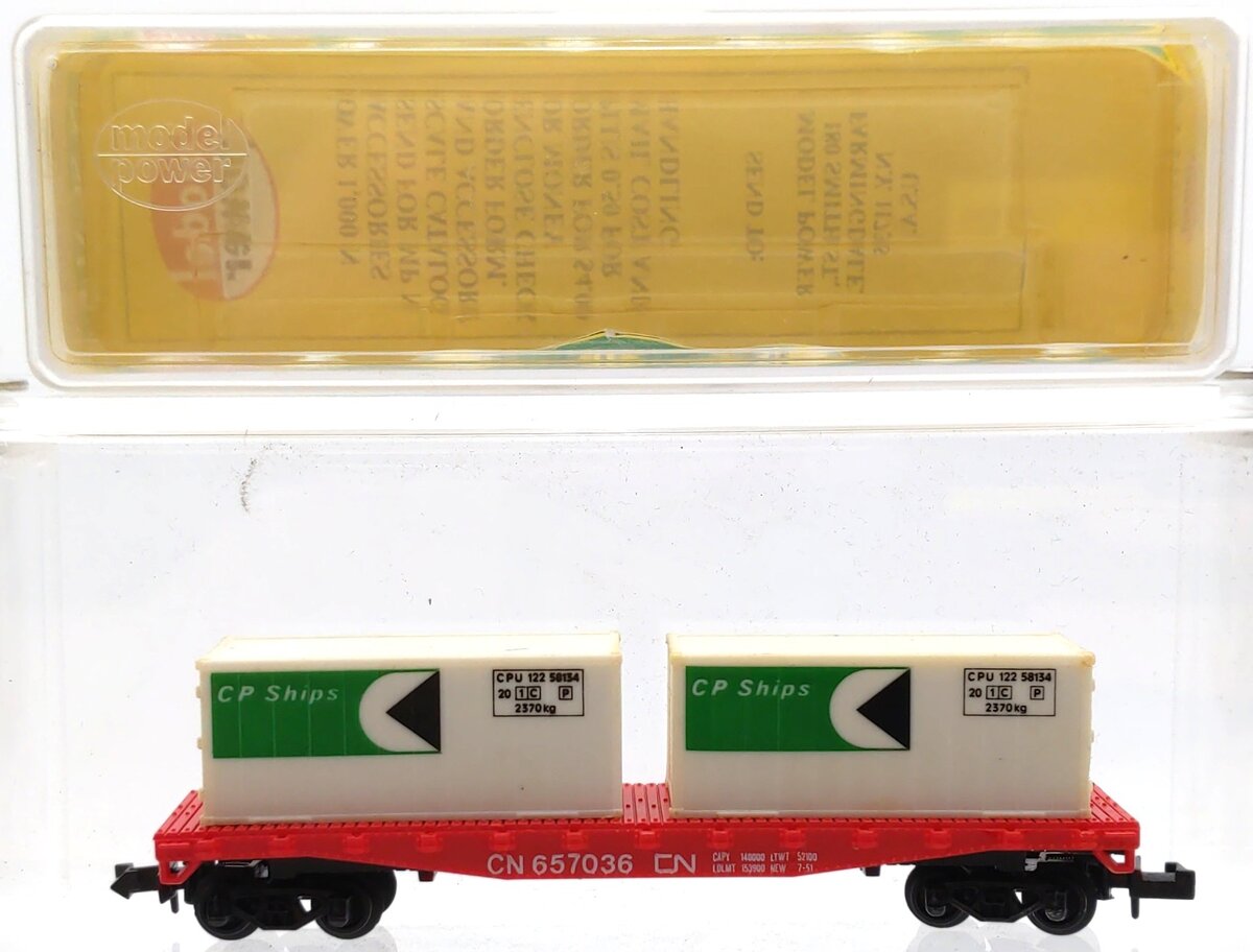 Model Power 4001 N Scale CN 50' Flat Car w/ Two 20' CP Ship Containers #657036 EX/Box