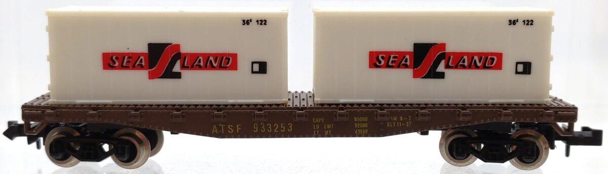 Model Power 4002 N Scale ATSF 50' Flatcar w/ Two 20' Sea Land Containers #933253 EX/Box