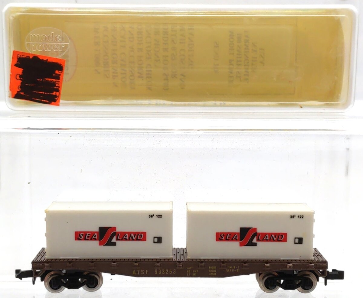 Model Power 4002 N Scale ATSF 50' Flatcar w/ Two 20' Sea Land Containers #933253 EX/Box
