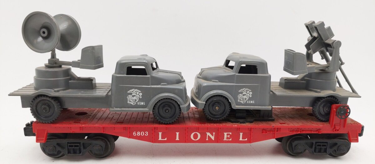 Lionel 6803 Vintage O Flatcar w/ Gunner Truck & Sound Truck VG