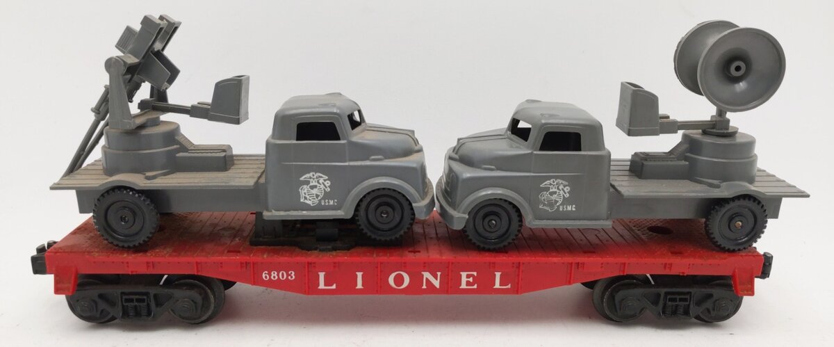 Lionel 6803 Vintage O Flatcar w/ Gunner Truck & Sound Truck VG
