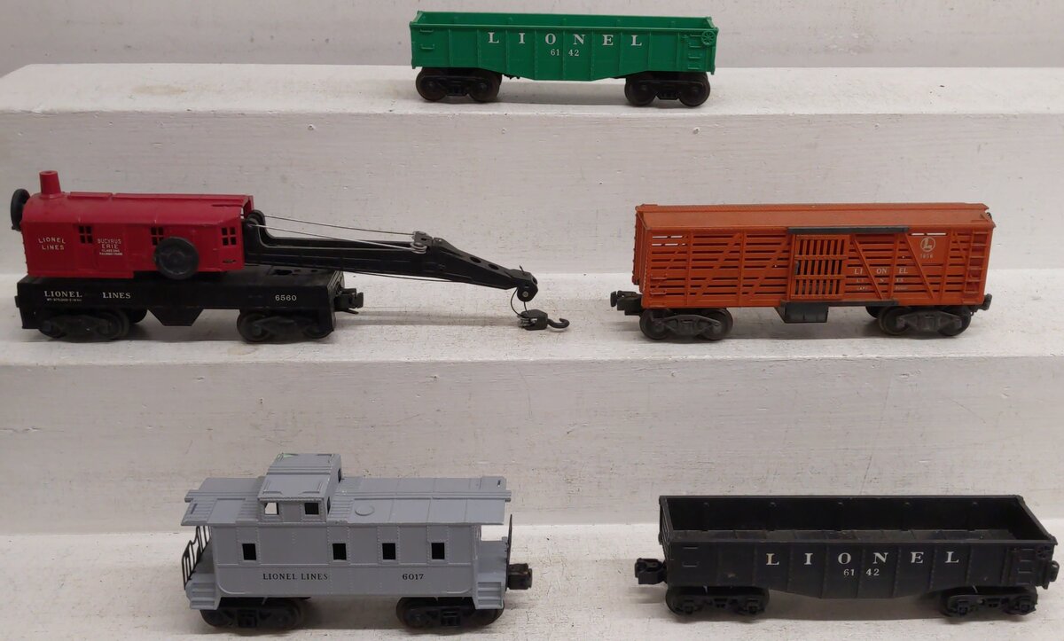 Lionel O Gauge Assorted Freight Cars #6017, #6142, #6560, #6142, #3656 VG/Box