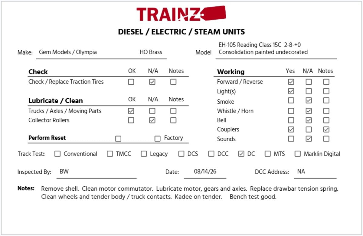 Gem Models EH105 HO BRASS Reading Class 15C 2-8-0 Consolidation Steam Locomotive EX/Box