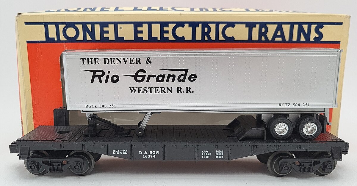 Lionel 6-16374 O Gauge Denver & Rio Grande Western Flatcar with Trailer EX/Box