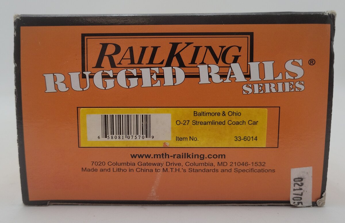 MTH 33-6014 O-27 Baltimore & Ohio Streamlined Coach Car LN/Box